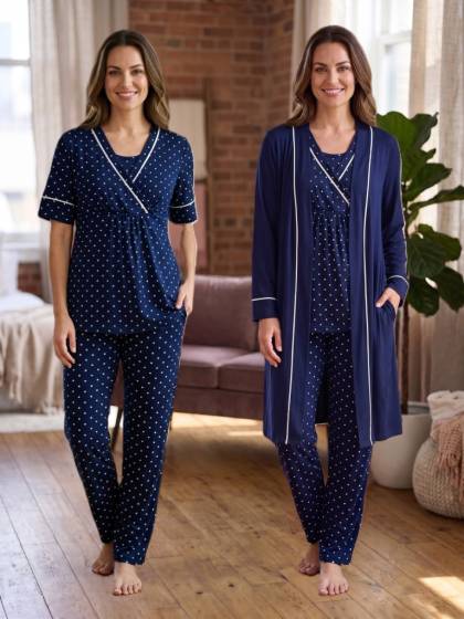 Effortt - Lacivert Puantiyeli Emzirme Özellikli Hamile Lohusa Sabahlıklı Pijama Takımı