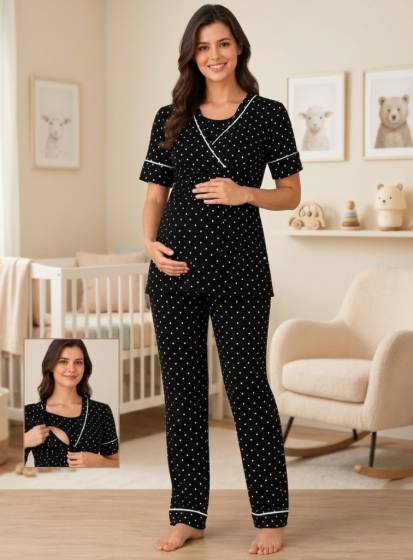 Effortt - Siyah Puantiyeli Emzirme Özellikli Hamile Lohusa Sabahlıklı Pijama Takımı (1)