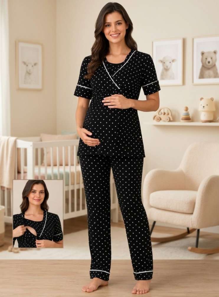 Siyah Puantiyeli Emzirme Özellikli Hamile Lohusa Sabahlıklı Pijama Takımı