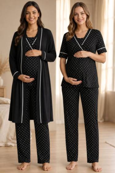 Effortt - Siyah Puantiyeli Emzirme Özellikli Hamile Lohusa Sabahlıklı Pijama Takımı