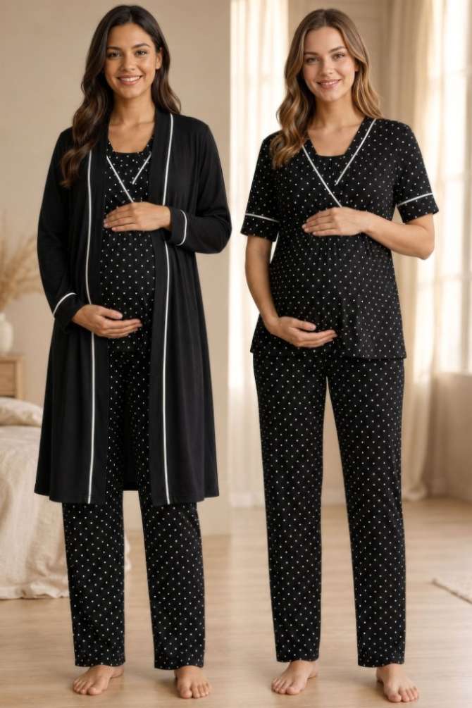 Siyah Puantiyeli Emzirme Özellikli Hamile Lohusa Sabahlıklı Pijama Takımı