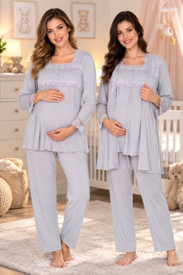 Effortt - Gri Emzirme Özellikli Hamile Lohusa Sabahlıklı Pijama Takımı