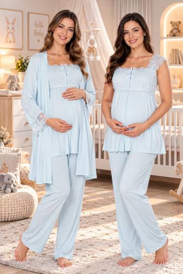 Effortt - Mavi Emzirme Özellikli Hamile Lohusa Sabahlıklı Pijama Takımı
