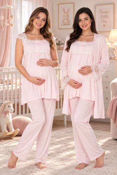Effortt - Pembe Emzirme Özellikli Hamile Lohusa Sabahlıklı Pijama Takımı