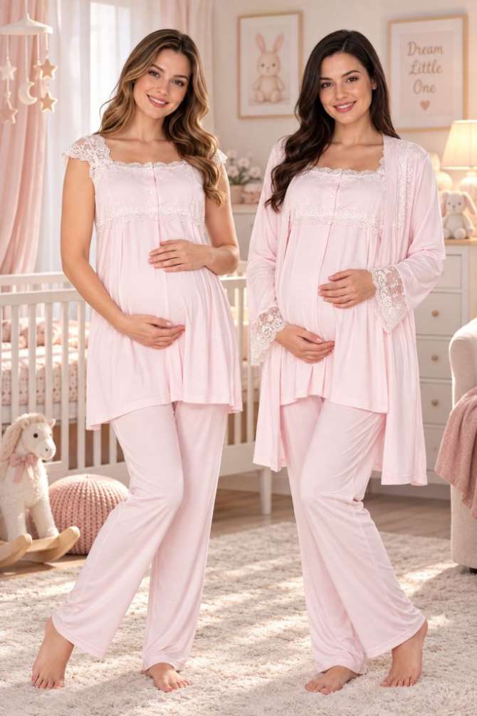 Pembe Emzirme Özellikli Hamile Lohusa Sabahlıklı Pijama Takımı