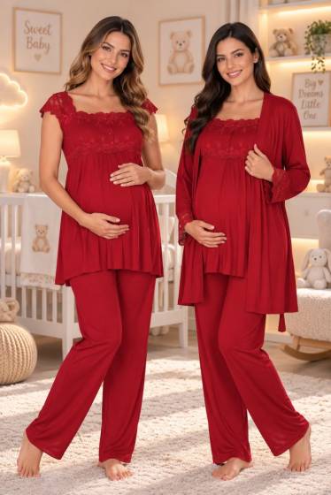 Effortt - Vişne Emzirme Özellikli Hamile Lohusa Sabahlıklı Pijama Takımı