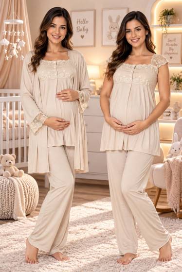 Effortt - Vizon Emzirme Özellikli Hamile Lohusa Sabahlıklı Pijama Takımı