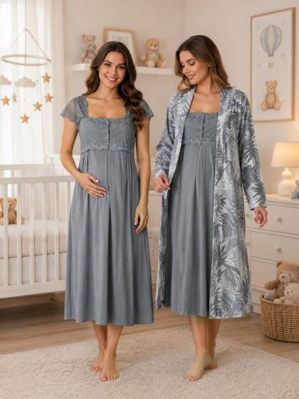 Effortt - Füme Desenli Sabahlıklı Hamile Lohusa Pijama Takımı