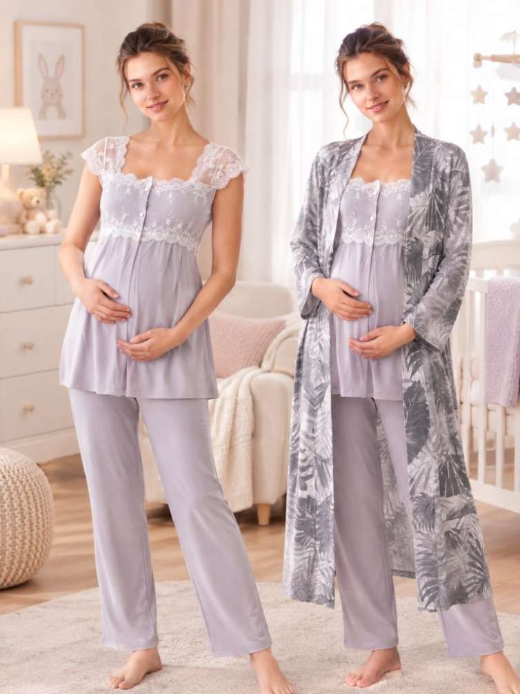 Effortt - Gri Desenli Sabahlıklı Hamile Lohusa Pijama Takımı (1)