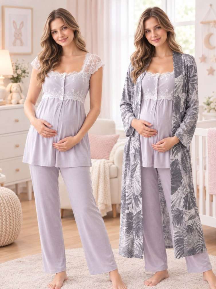 Effortt - Gri Desenli Sabahlıklı Hamile Lohusa Pijama Takımı