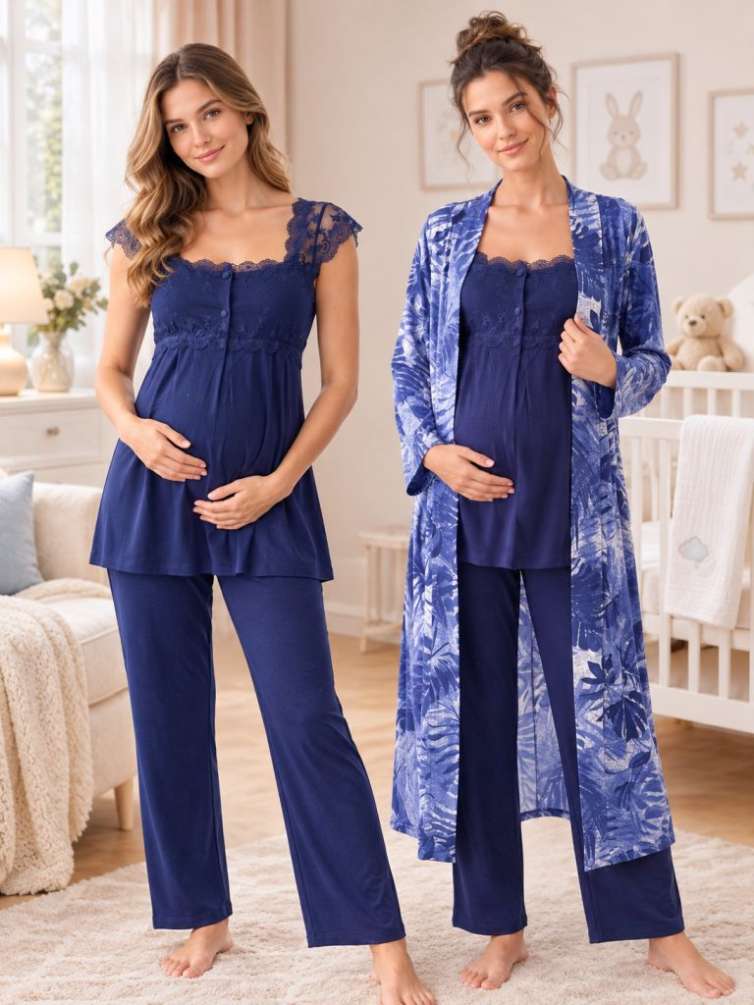 Lacivert Desenli Sabahlıklı Hamile Lohusa Pijama Takımı