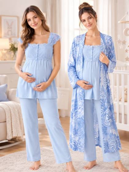 Effortt - Mavi Desenli Sabahlıklı Hamile Lohusa Pijama Takımı