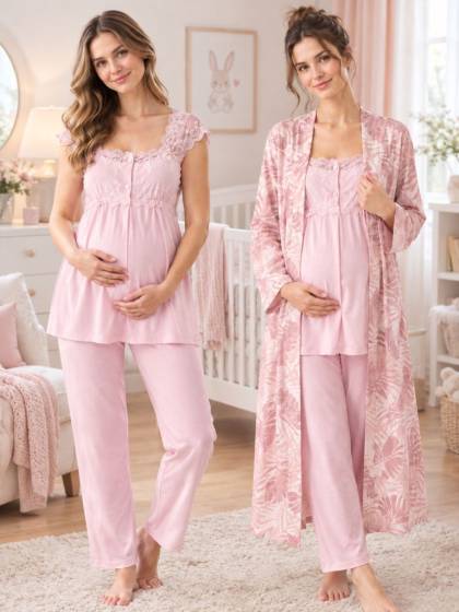 Effortt - Pudra Desenli Sabahlıklı Hamile Lohusa Pijama Takımı