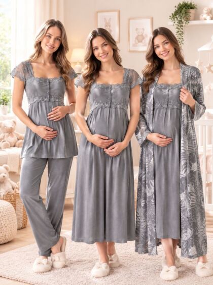 Effortt - Füme Hamile ve Lohusa Sabahlıklı Gecelik ve Pijama Takımı 4 Parça