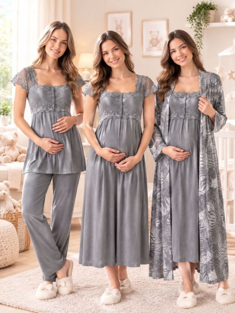 Füme Hamile ve Lohusa Sabahlıklı Gecelik ve Pijama Takımı 4 Parça