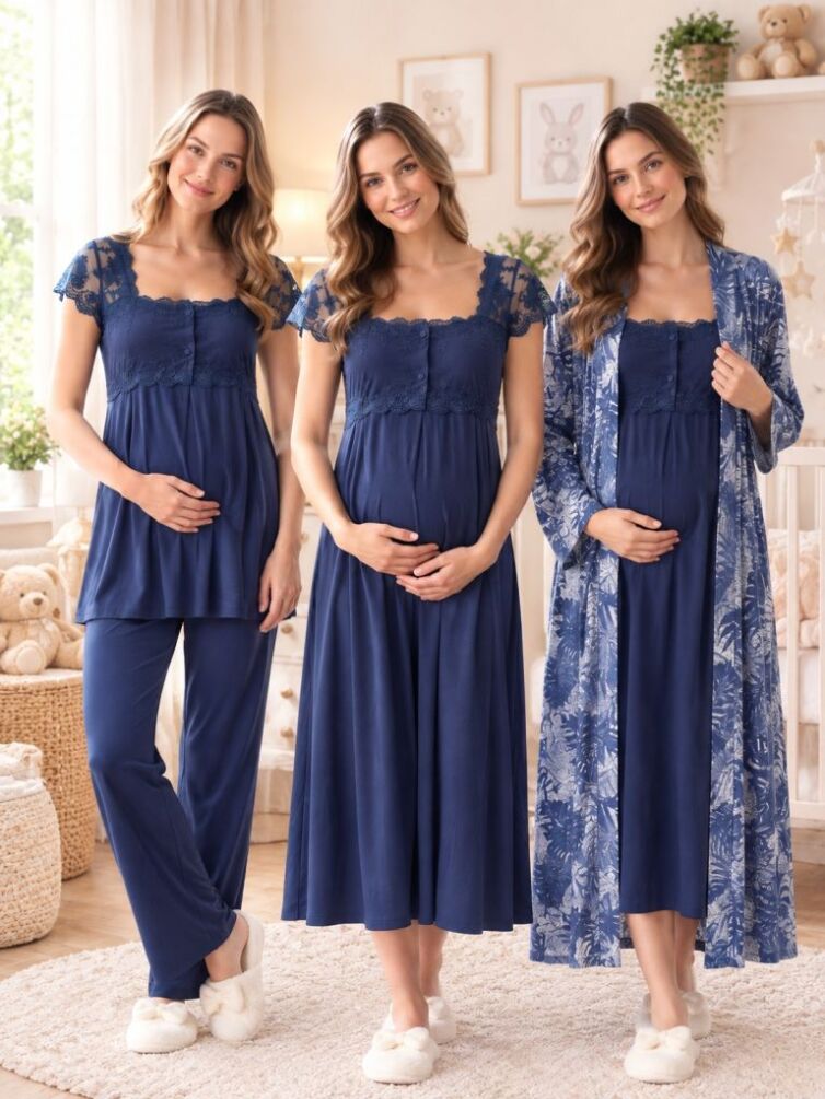Lacivert Hamile ve Lohusa Sabahlıklı Gecelik ve Pijama Takımı 4 Parça
