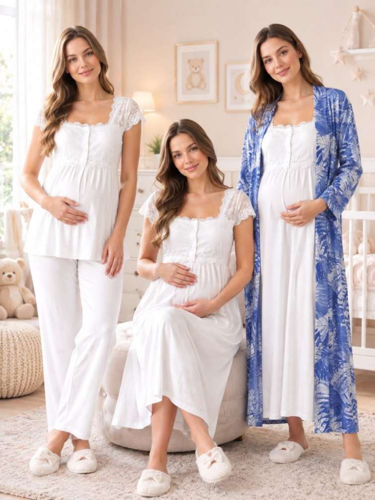 Lacivert/Ekru Hamile ve Lohusa Sabahlıklı Gecelik ve Pijama Takımı 4 Parça
