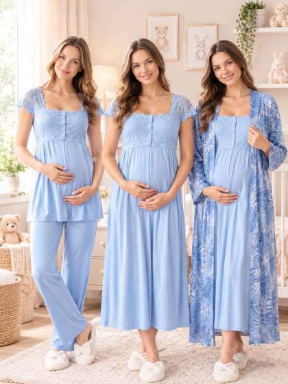 Effortt - Mavi Hamile ve Lohusa Sabahlıklı Gecelik ve Pijama Takımı 4 Parça