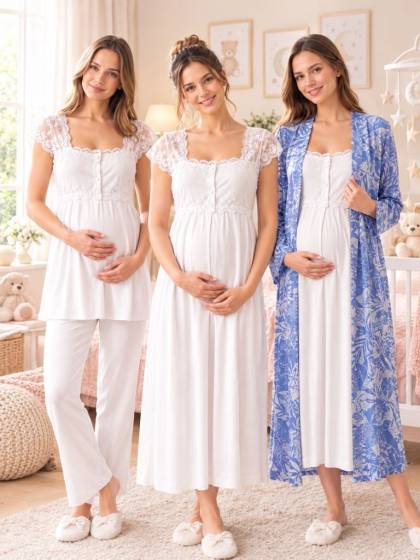 Effortt - Mavi/Ekru Hamile ve Lohusa Sabahlıklı Gecelik ve Pijama Takımı 4 Parça