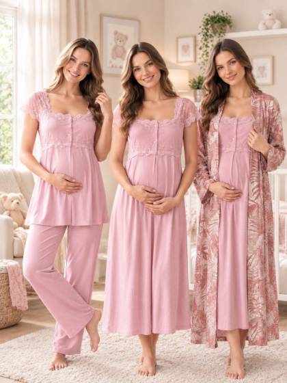 Effortt - Pudra Hamile ve Lohusa Sabahlıklı Gecelik ve Pijama Takımı 4 Parça
