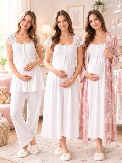 Effortt - Pudra/Ekru Hamile ve Lohusa Sabahlıklı Gecelik ve Pijama Takımı 4 Parça