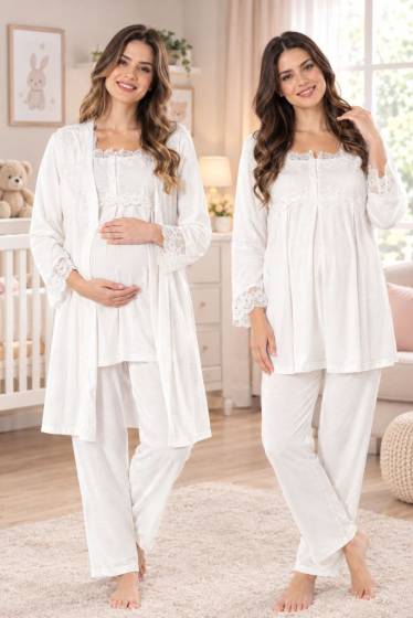 Effortt - Ekru Hamile Lohusa Sabahlıklı Ayarlanabilir Bel Pijama Takımı