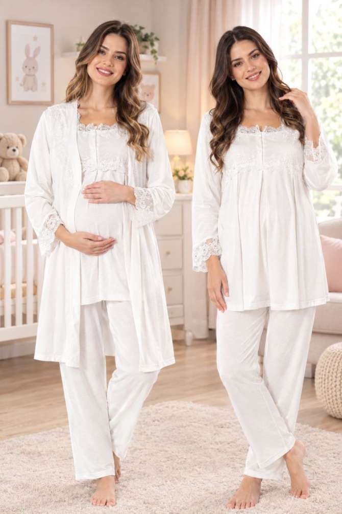 Ekru Hamile Lohusa Sabahlıklı Ayarlanabilir Bel Pijama Takımı