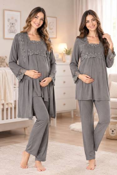 Effortt - Füme Hamile Lohusa Sabahlıklı Ayarlanabilir Bel Pijama Takımı