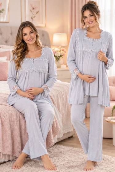 Effortt - Gri Hamile Lohusa Sabahlıklı Ayarlanabilir Bel Pijama Takımı