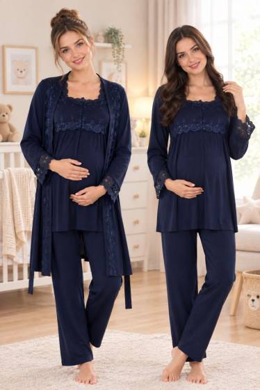 Effortt - Lacivert Hamile Lohusa Sabahlıklı Ayarlanabilir Bel Pijama Takımı
