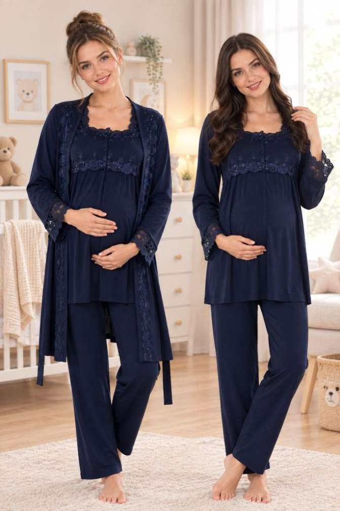 Lacivert Hamile Lohusa Sabahlıklı Ayarlanabilir Bel Pijama Takımı
