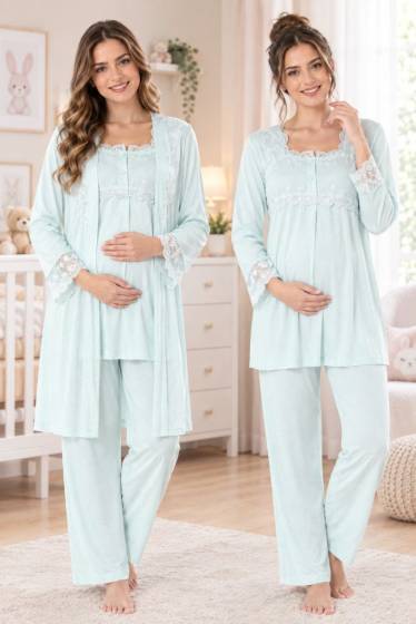 Effortt - Mavi Hamile Lohusa Sabahlıklı Ayarlanabilir Bel Pijama Takımı