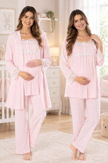 Effortt - Pembe Hamile Lohusa Sabahlıklı Ayarlanabilir Bel Pijama Takımı