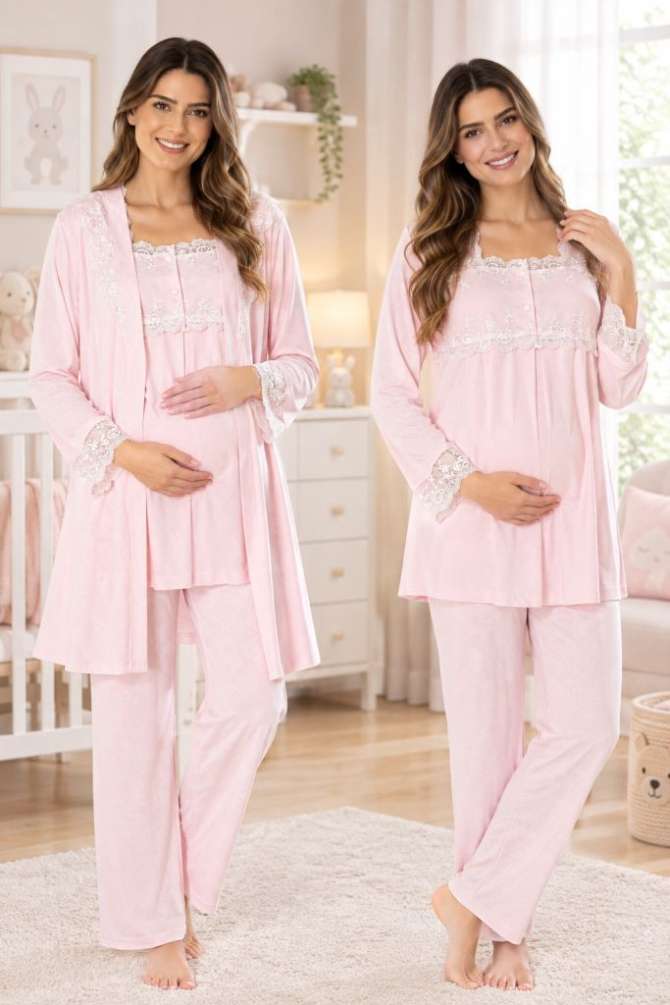 Pembe Hamile Lohusa Sabahlıklı Ayarlanabilir Bel Pijama Takımı