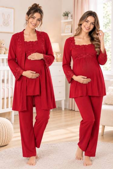 Effortt - Vişne Hamile Lohusa Sabahlıklı Ayarlanabilir Bel Pijama Takımı