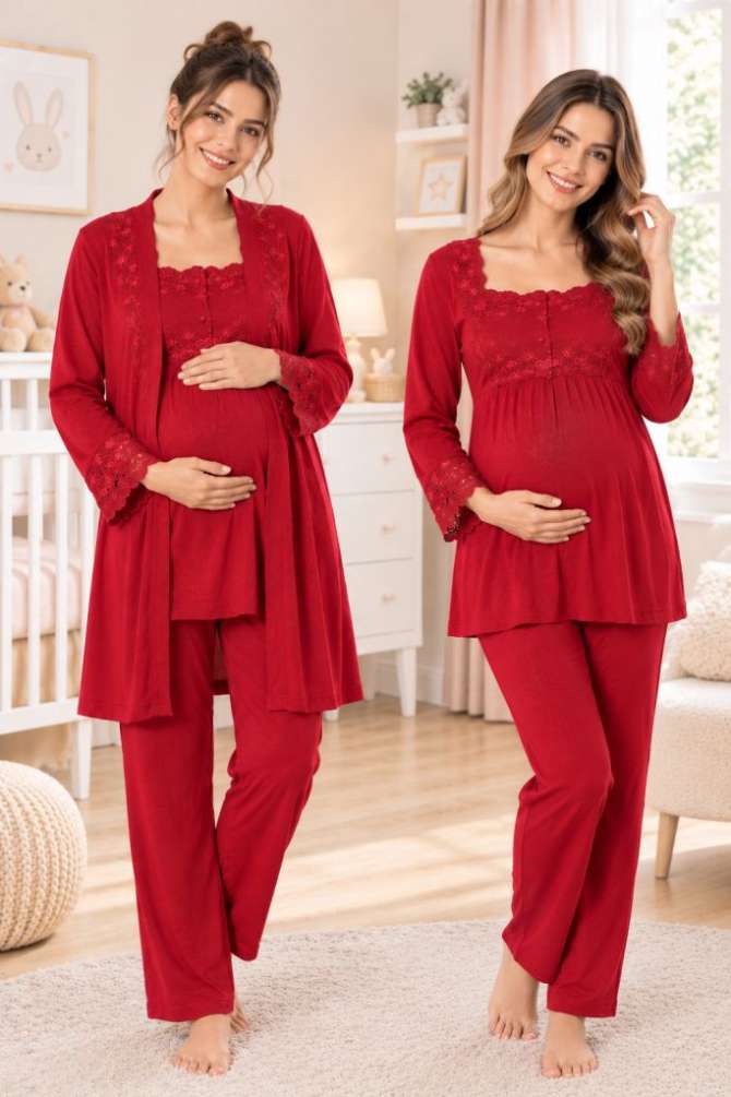 Vişne Hamile Lohusa Sabahlıklı Ayarlanabilir Bel Pijama Takımı