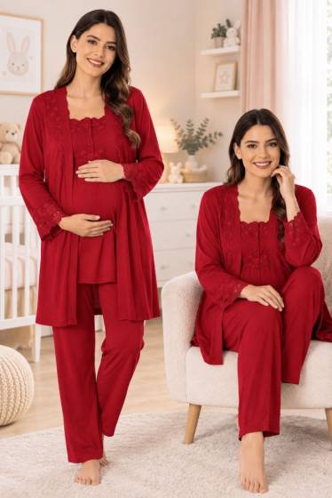 Effortt - Vişne Hamile Lohusa Sabahlıklı Ayarlanabilir Bel Pijama Takımı (1)