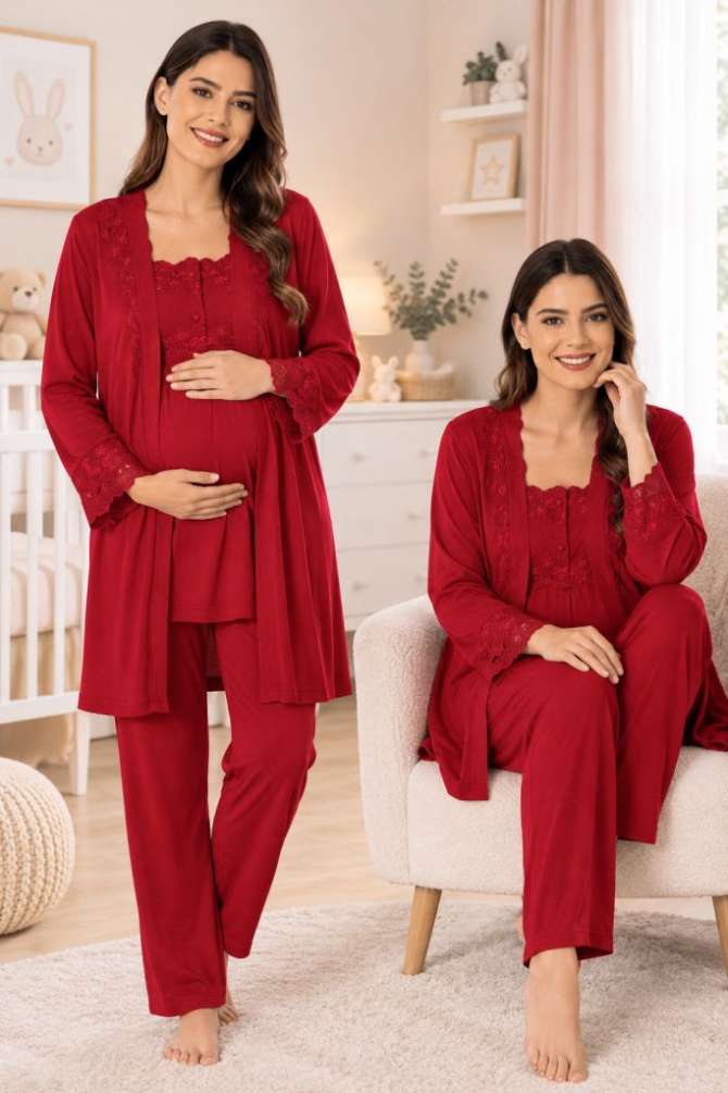 Vişne Hamile Lohusa Sabahlıklı Ayarlanabilir Bel Pijama Takımı