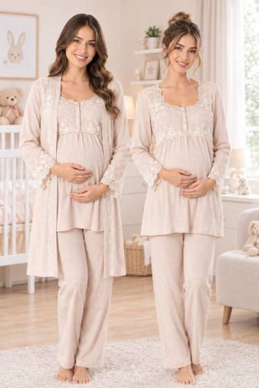 Effortt - Vizon Hamile Lohusa Sabahlıklı Ayarlanabilir Bel Pijama Takımı