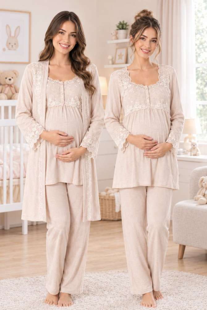 Vizon Hamile Lohusa Sabahlıklı Ayarlanabilir Bel Pijama Takımı