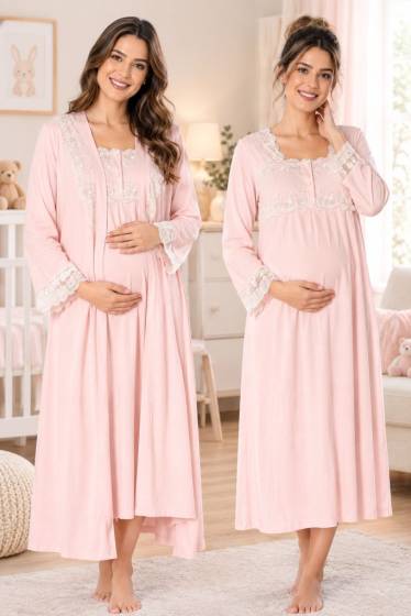 Effortt - Pembe Hamile Lohusa Sabahlıklı Emzirme Özellikli Gecelik Takımı