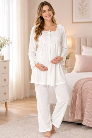 Effortt - Ekru Hamile Lohusa Ayarlanabilir Bel Lastikli Pijama Takımı