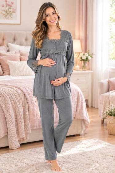 Effortt - Füme Hamile Lohusa Ayarlanabilir Bel Lastikli Pijama Takımı