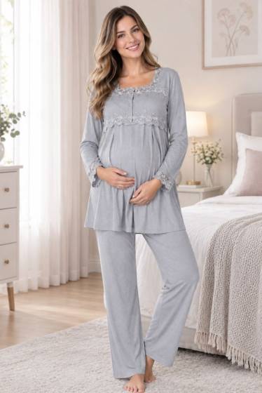 Effortt - Gri Hamile Lohusa Ayarlanabilir Bel Lastikli Pijama Takımı