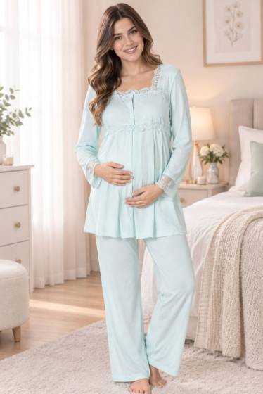 Effortt - Mavi Hamile Lohusa Ayarlanabilir Bel Lastikli Pijama Takımı