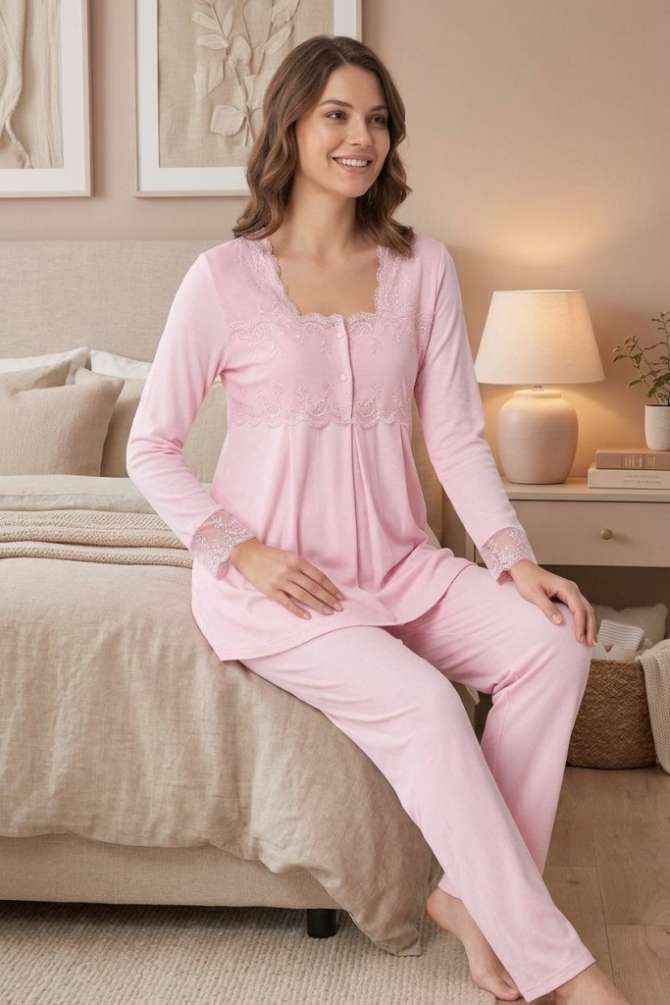 Pembe Hamile Lohusa Ayarlanabilir Bel Lastikli Pijama Takımı