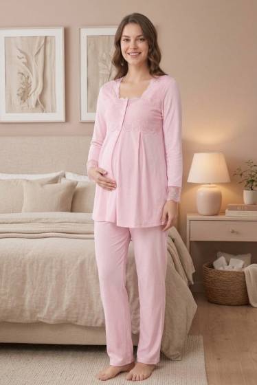 Effortt - Pembe Hamile Lohusa Ayarlanabilir Bel Lastikli Pijama Takımı (1)