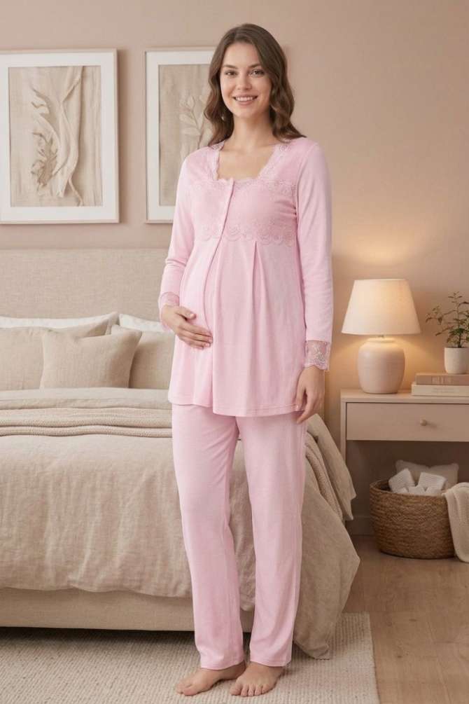 Pembe Hamile Lohusa Ayarlanabilir Bel Lastikli Pijama Takımı