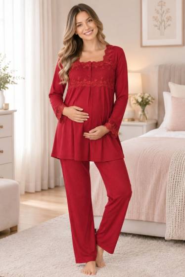 Effortt - Vişne Hamile Lohusa Ayarlanabilir Bel Lastikli Pijama Takımı
