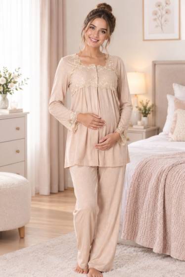 Effortt - Vizon Hamile Lohusa Ayarlanabilir Bel Lastikli Pijama Takımı
